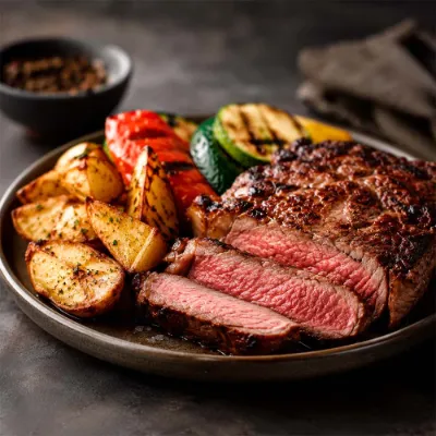 Bife a la parrilla con papas y vegetales